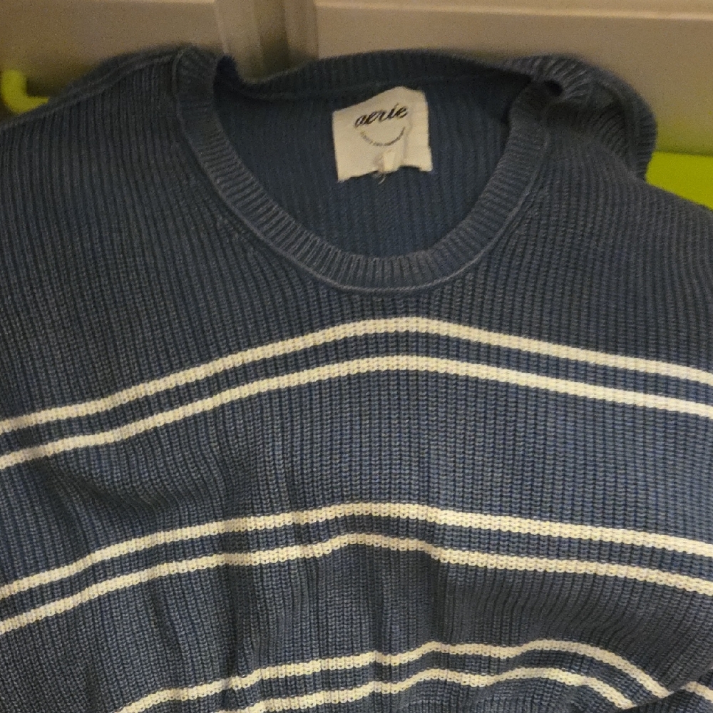 Aerie Women Navy and White Striped Crewneck Sweater